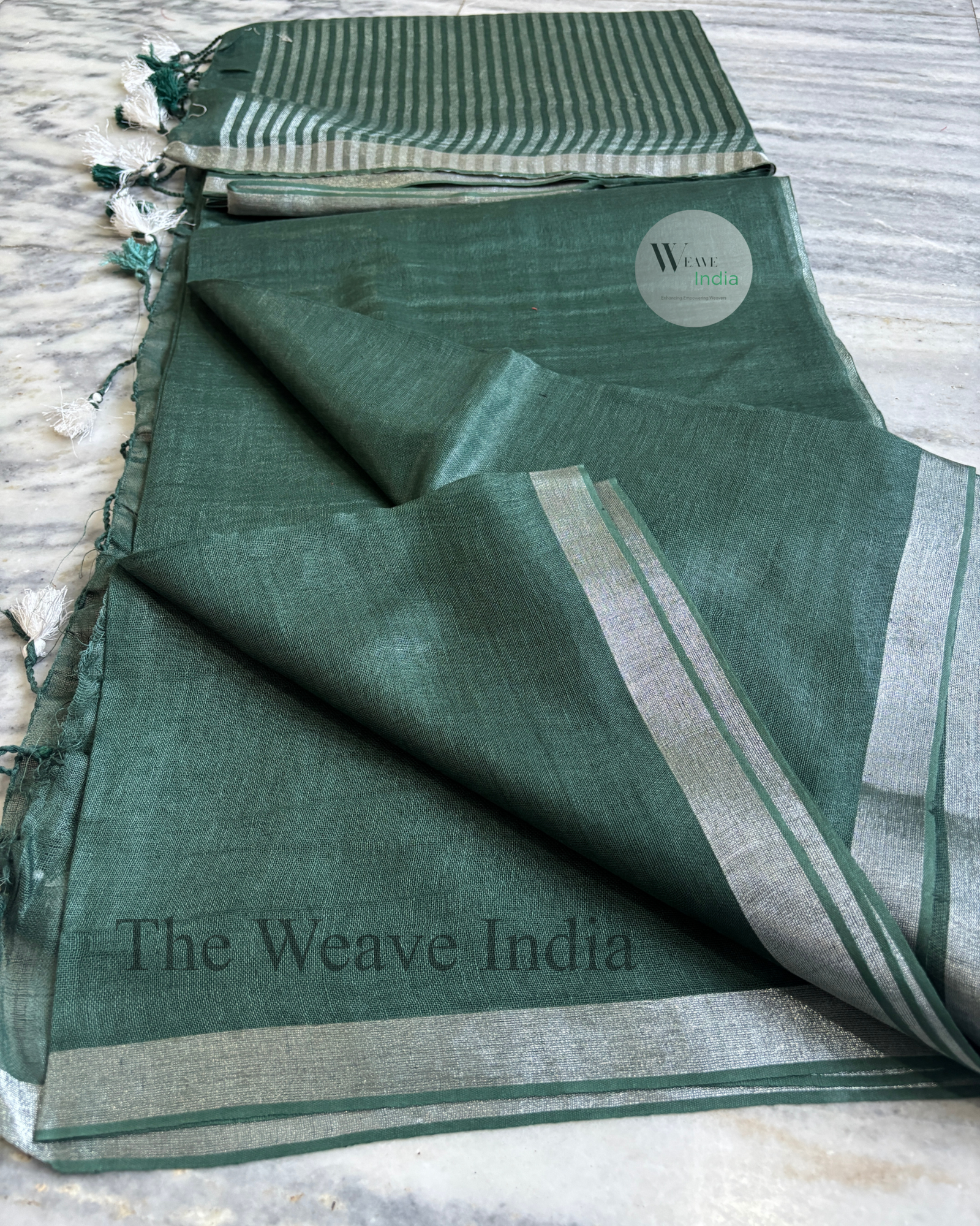 Bottle Green Pure Linen Saree