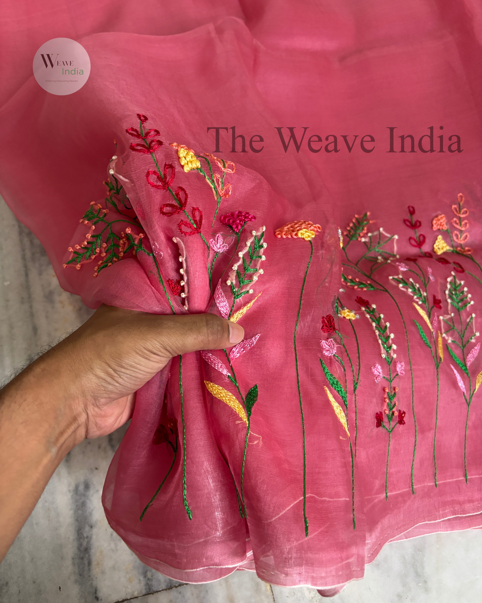 Blush Aura – Pure Organza Silk French Knot Saree