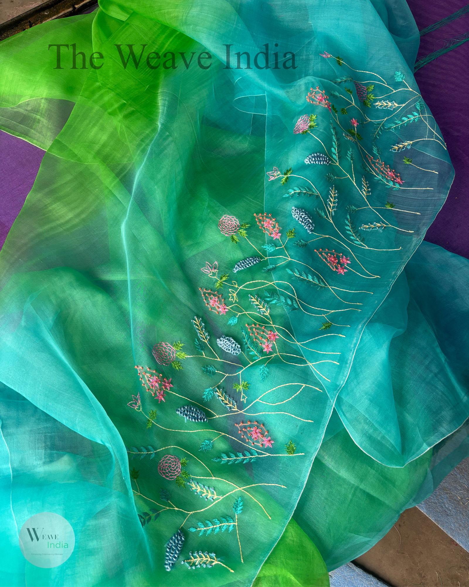 Aqua Zamrud Pure Organza Silk French Knot Saree