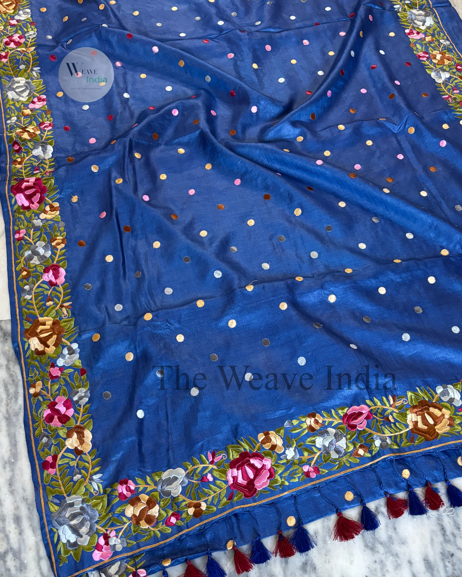 Royal Blue Pure Tussar Parsi Gara Saree (Silk Mark Certified)