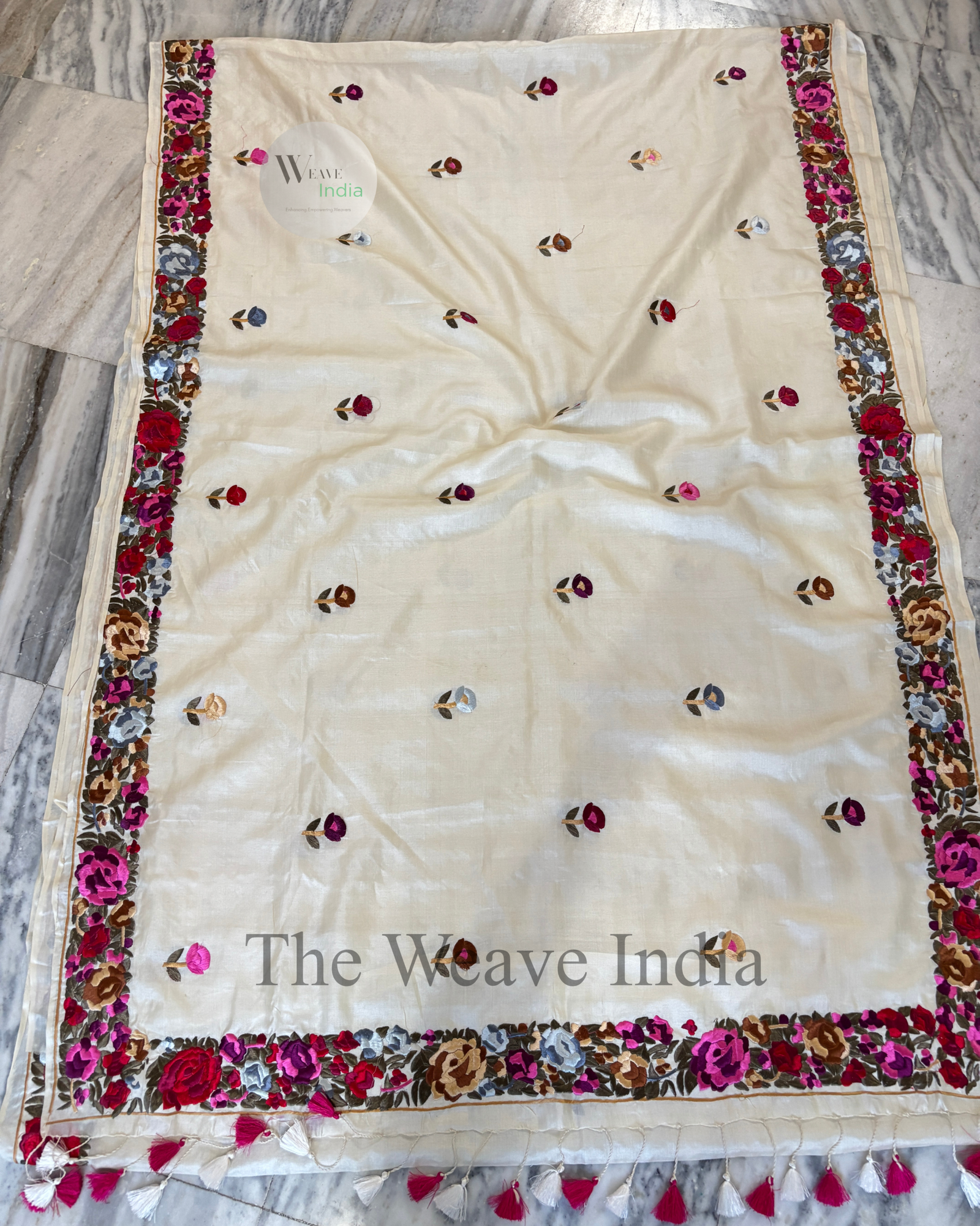 Off White Pure Tussar Parsi Saree
