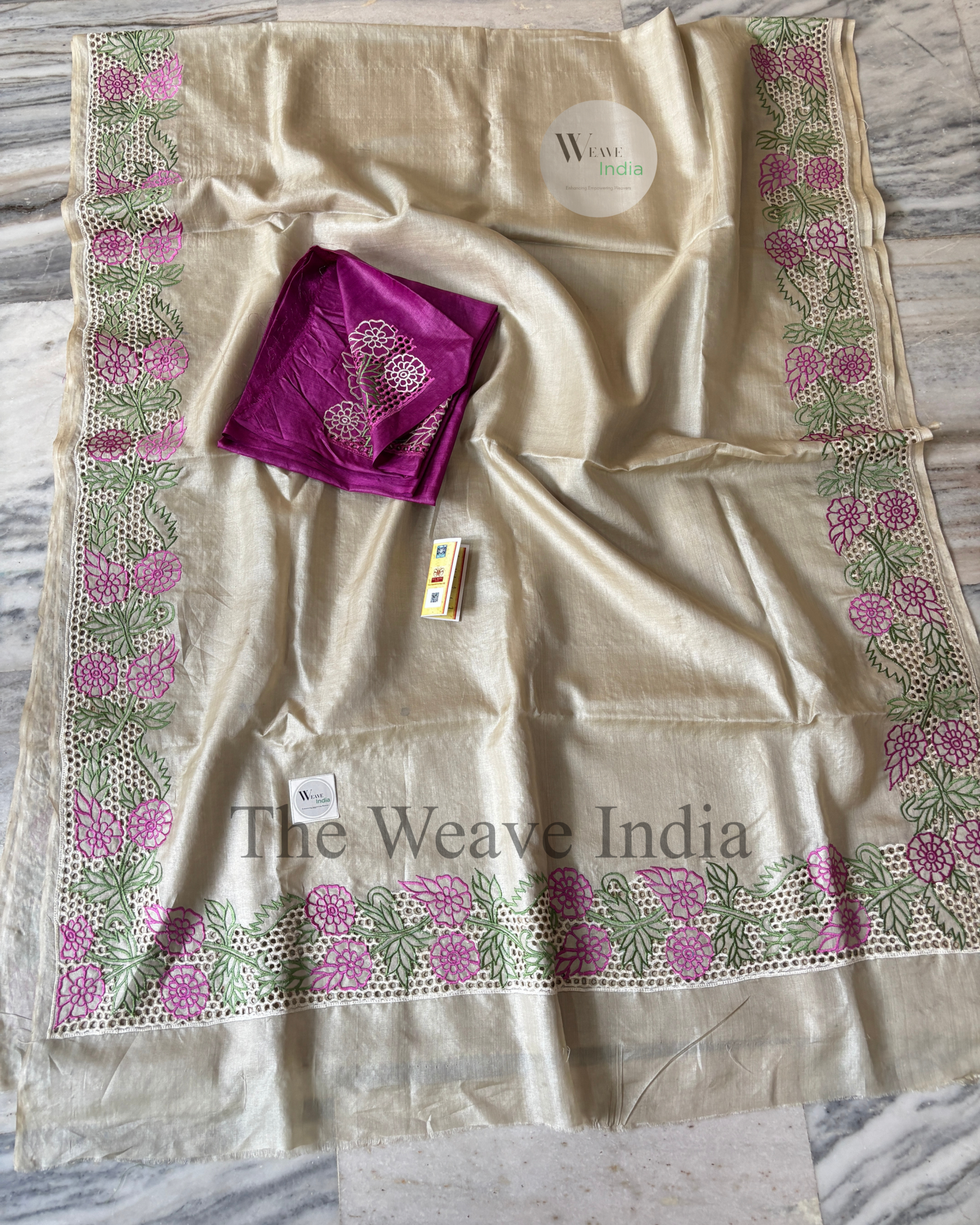 Cream Pure Tussar Cutwork Saree (Silk Mark Certified)