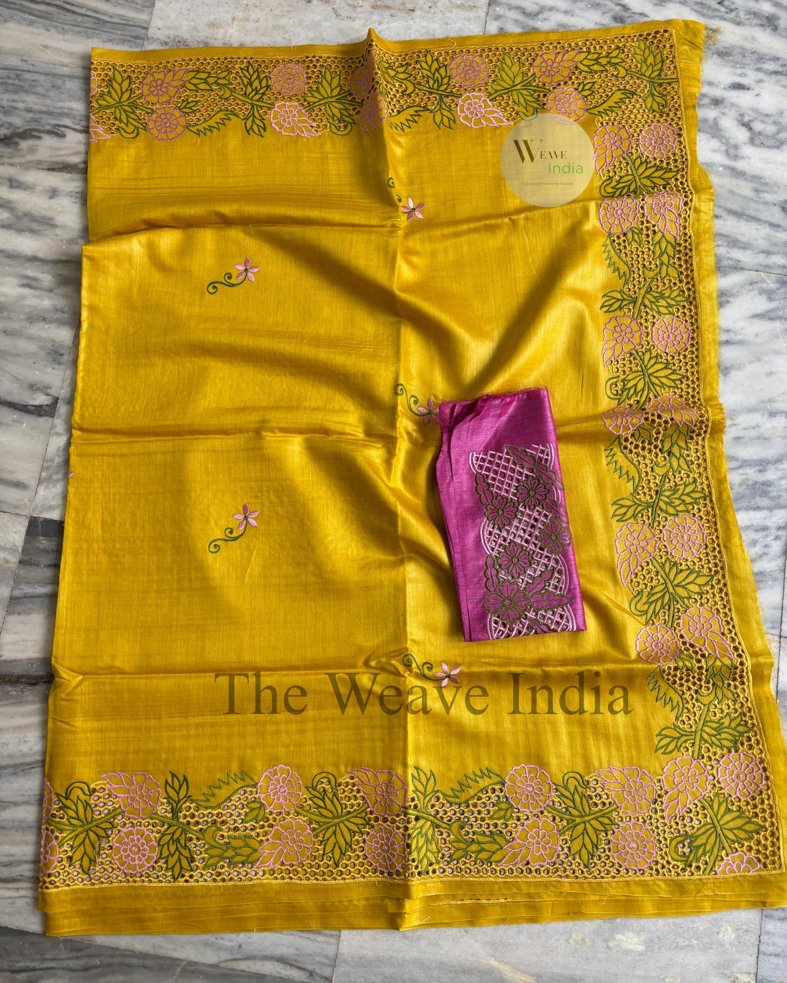 Golden Mustard Silkmark Tussar Cutwork Saree with Pink Blouse