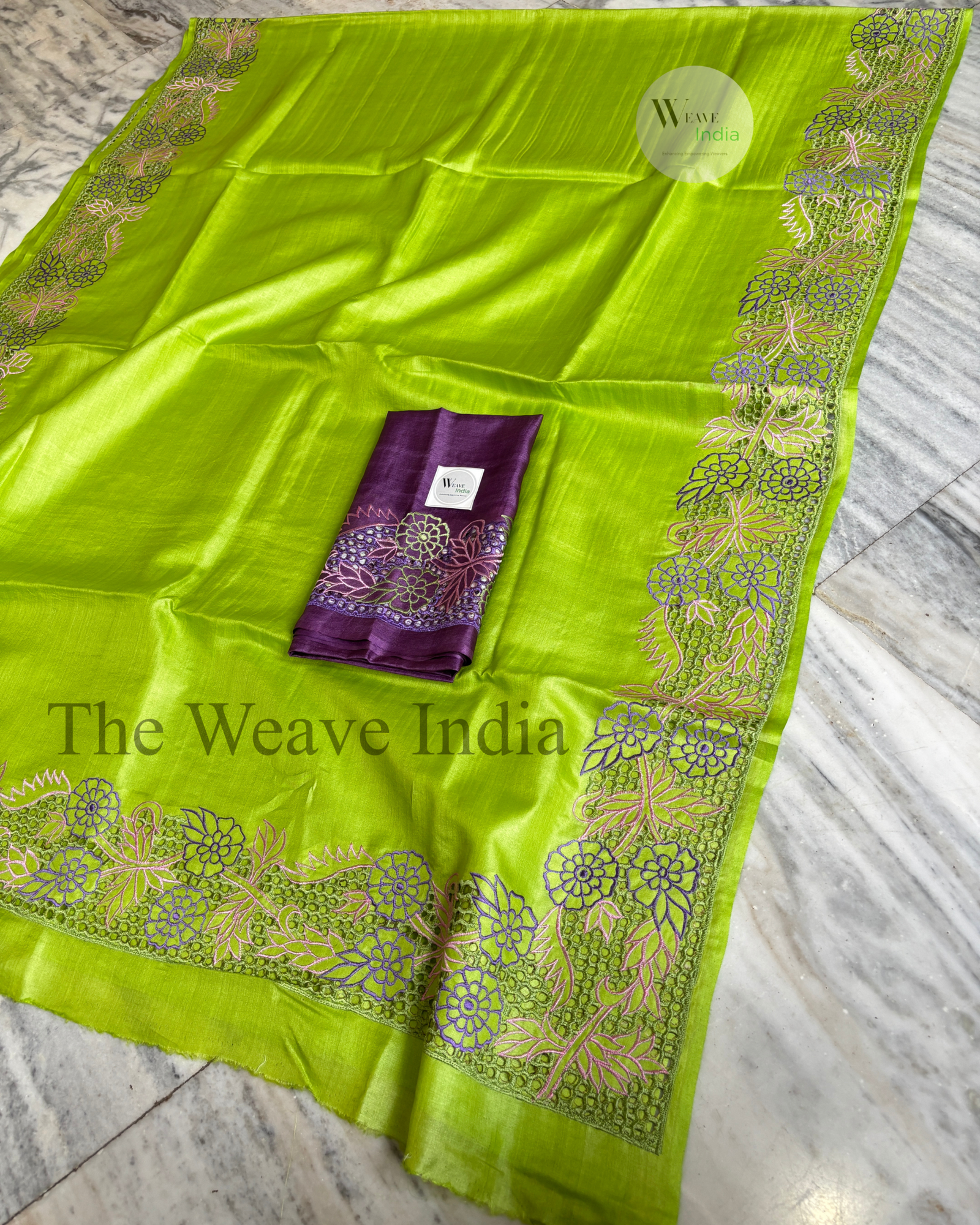 Silkmark Vistara Green Tussar Cutwork Saree