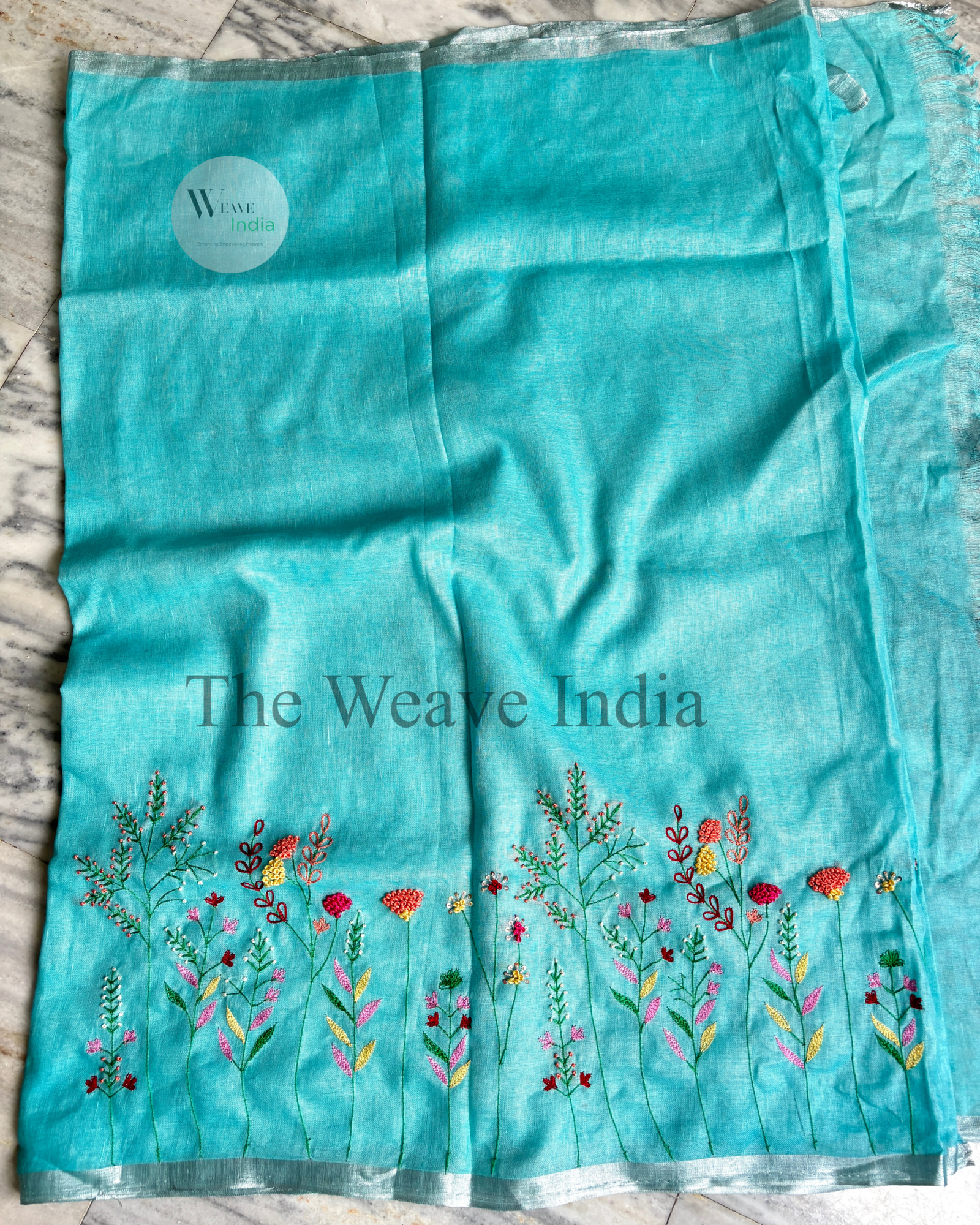 Aqua Linen Knot Saree