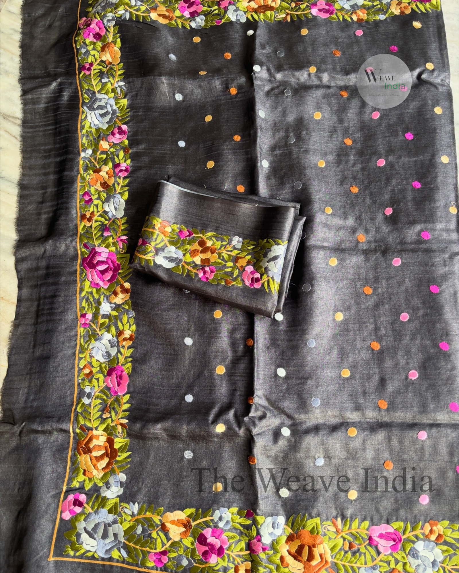 Black Pure Tussar Parsi Gara Saree (Silk Mark Certified)