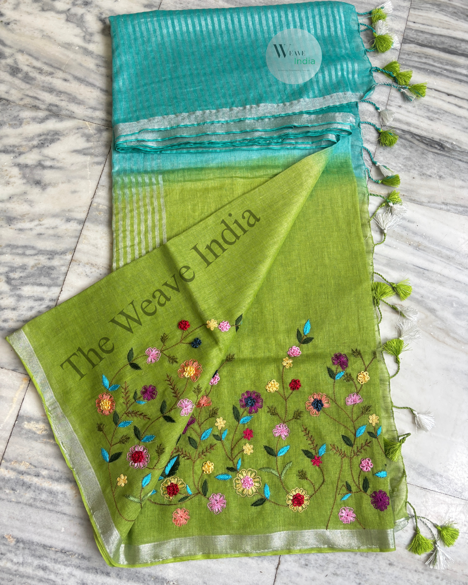 Mint Ocean Linen Knot Saree