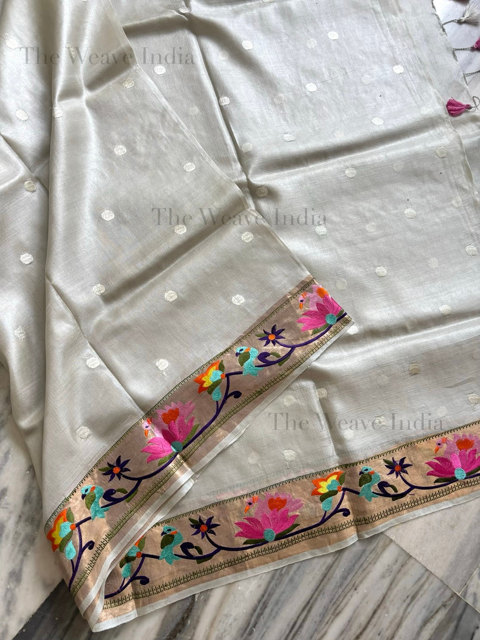 Silver Mist – Pure Tussar Paithani Silkmark Saree