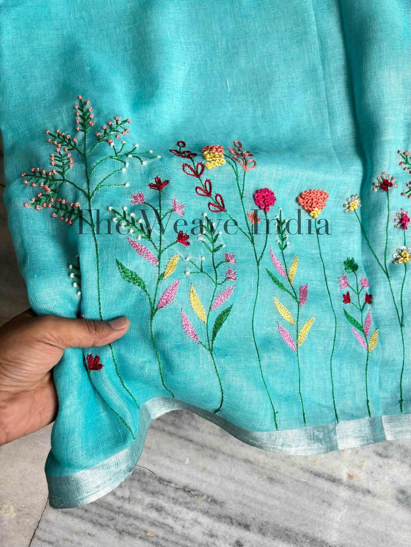 Aqua Linen Knot Saree