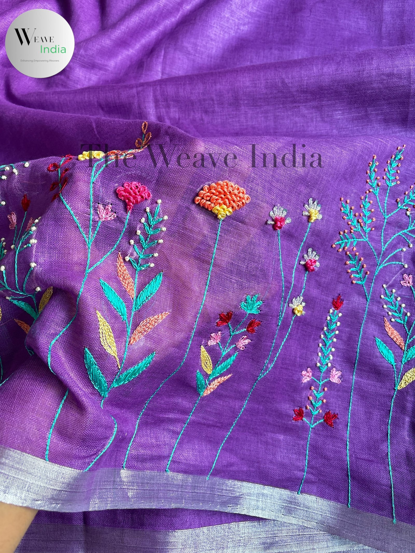 Lavender Pure Linen French Knot Saree