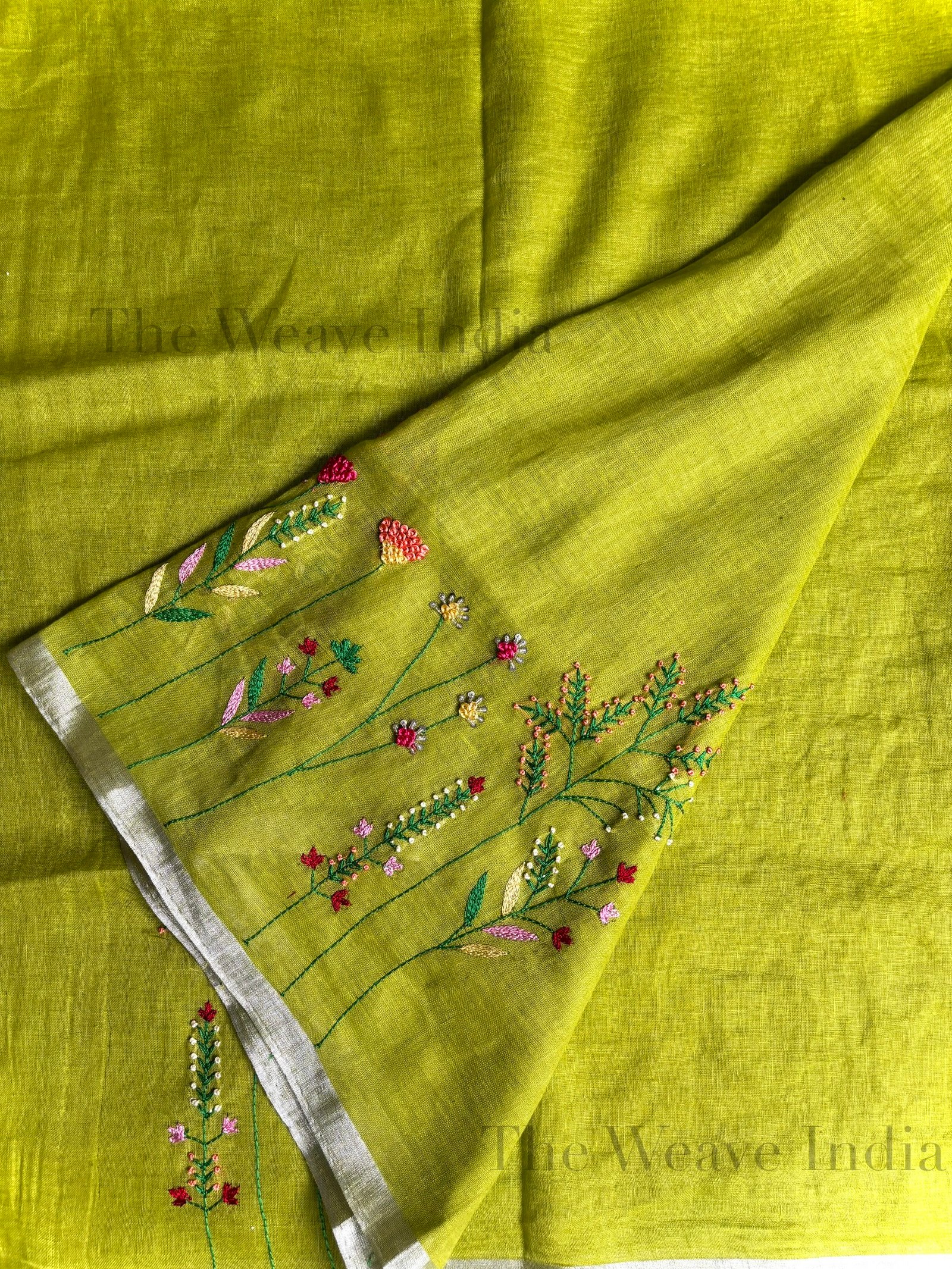 Lime Green Pure Linen Saree
