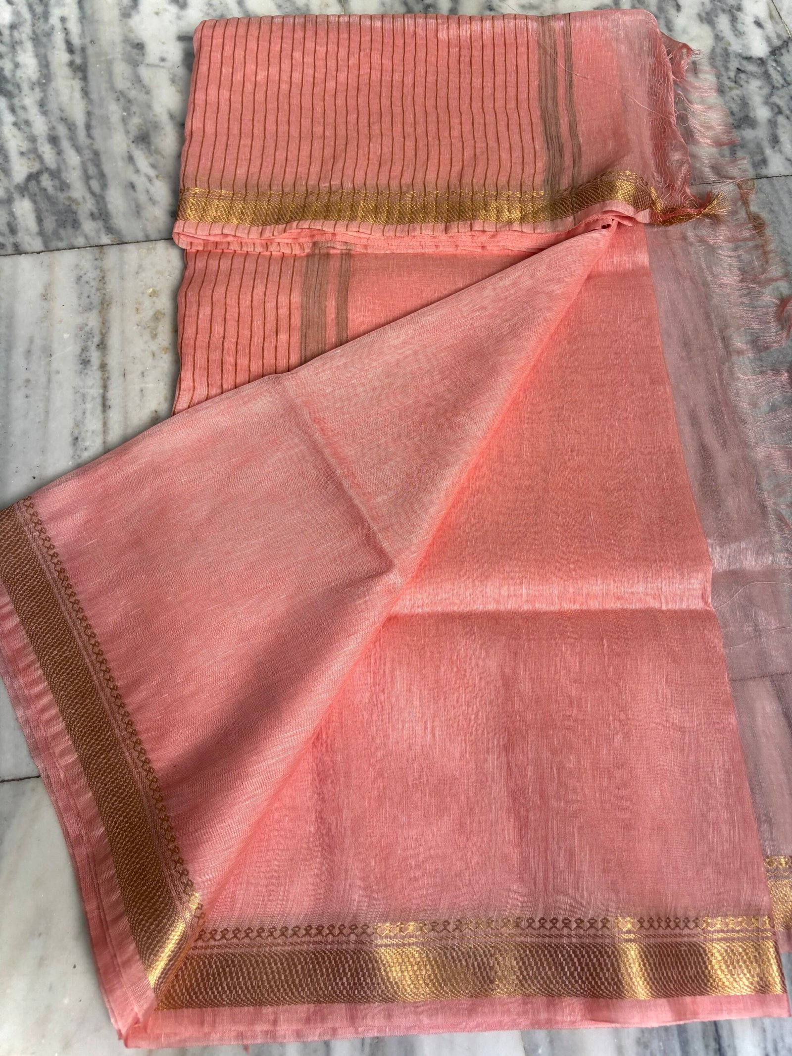 Blush Peach Pure Linen Silk Saree