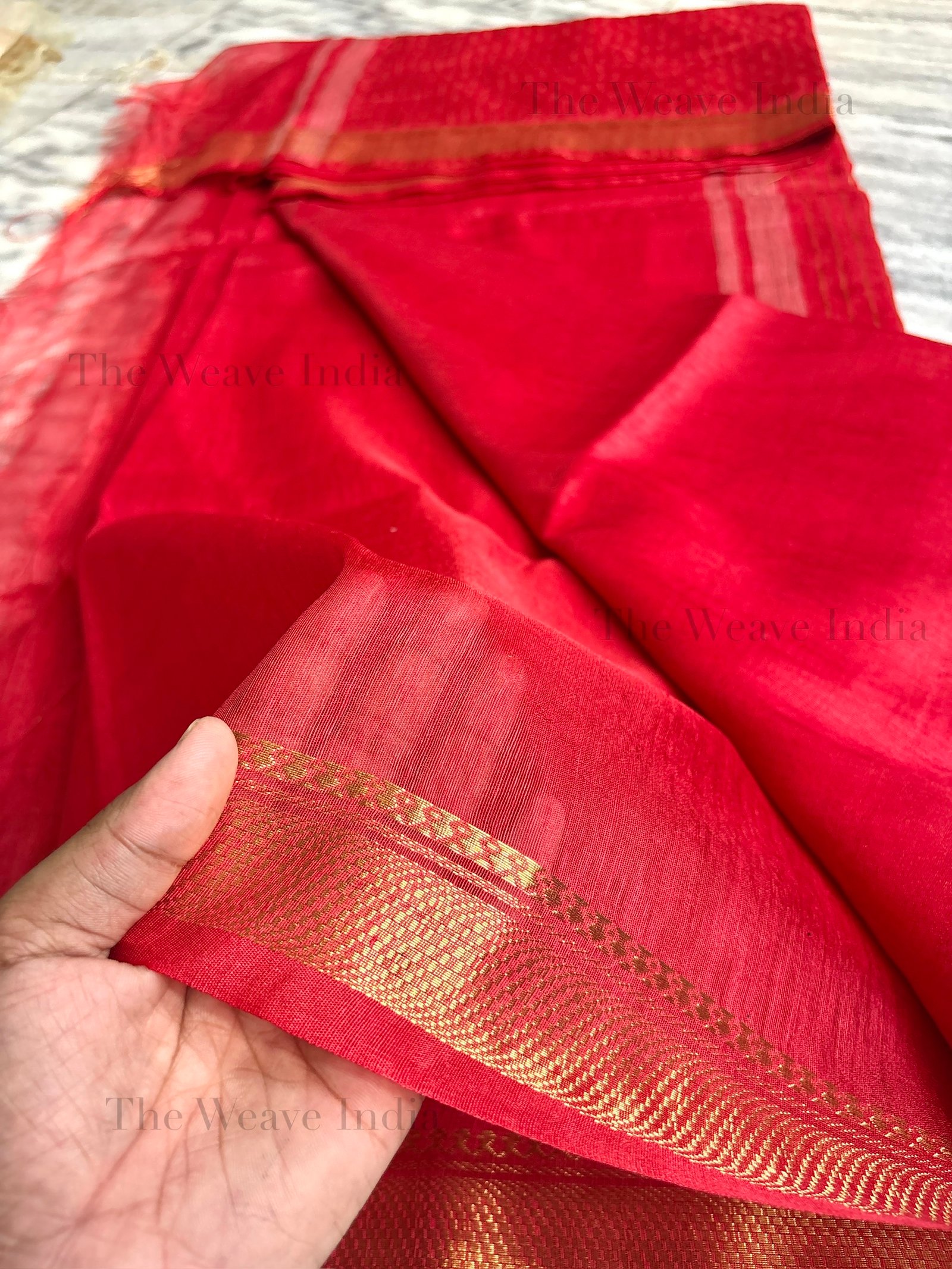 Red Pure Linen Silk Saree