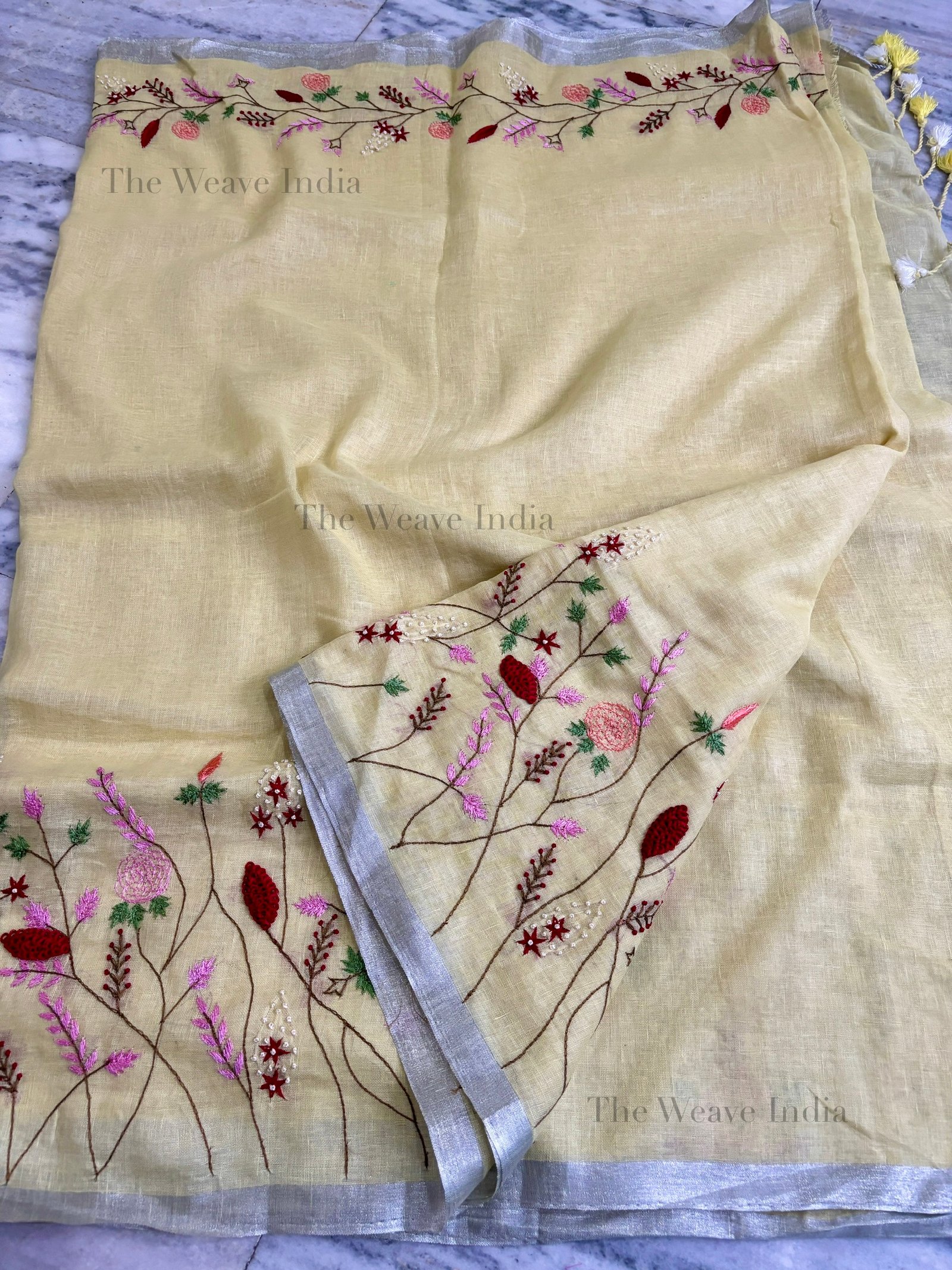 Lemon Mist Linen Knot Saree - Image 5