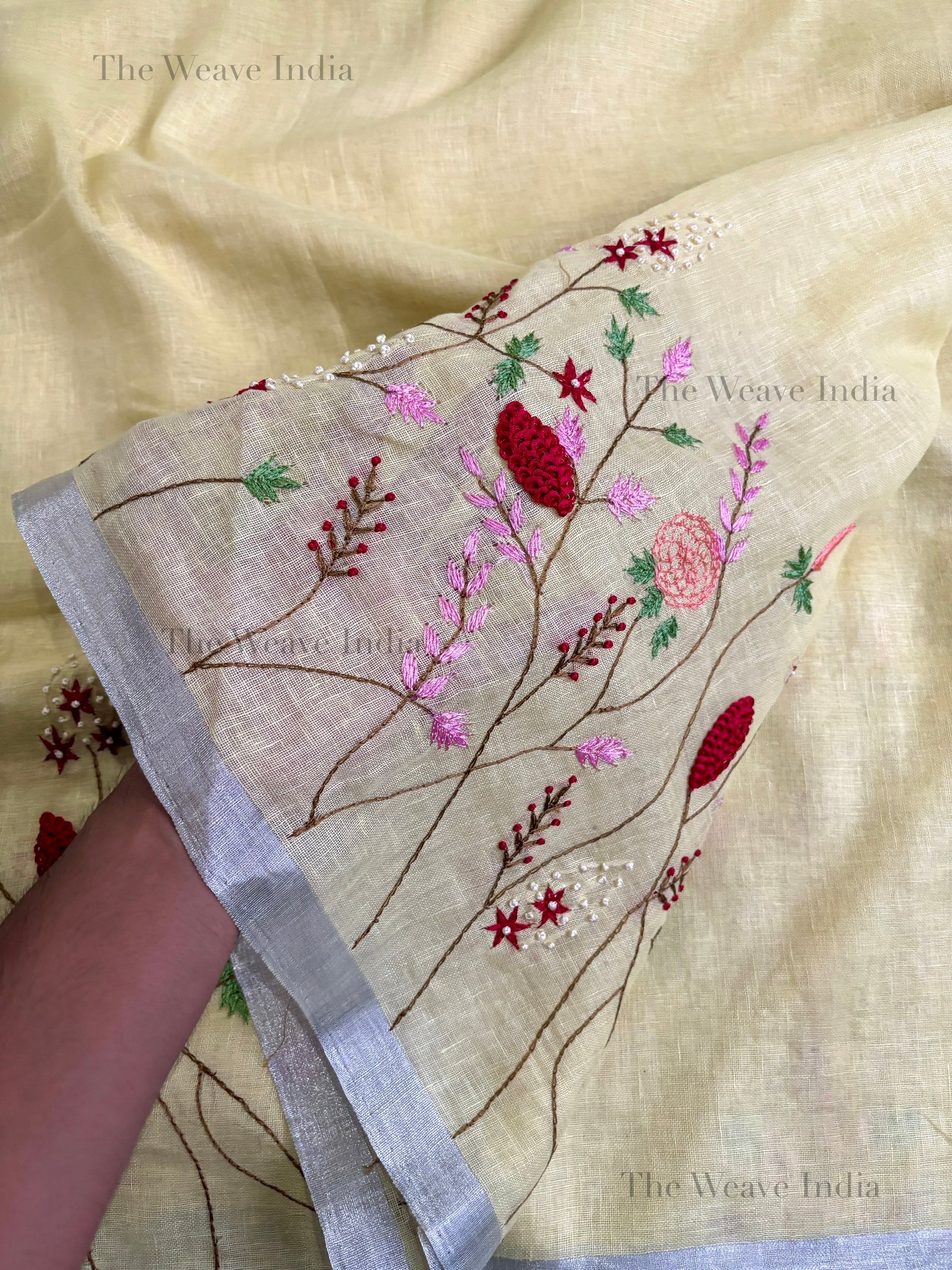 Lemon Mist Linen Knot Saree - Image 4