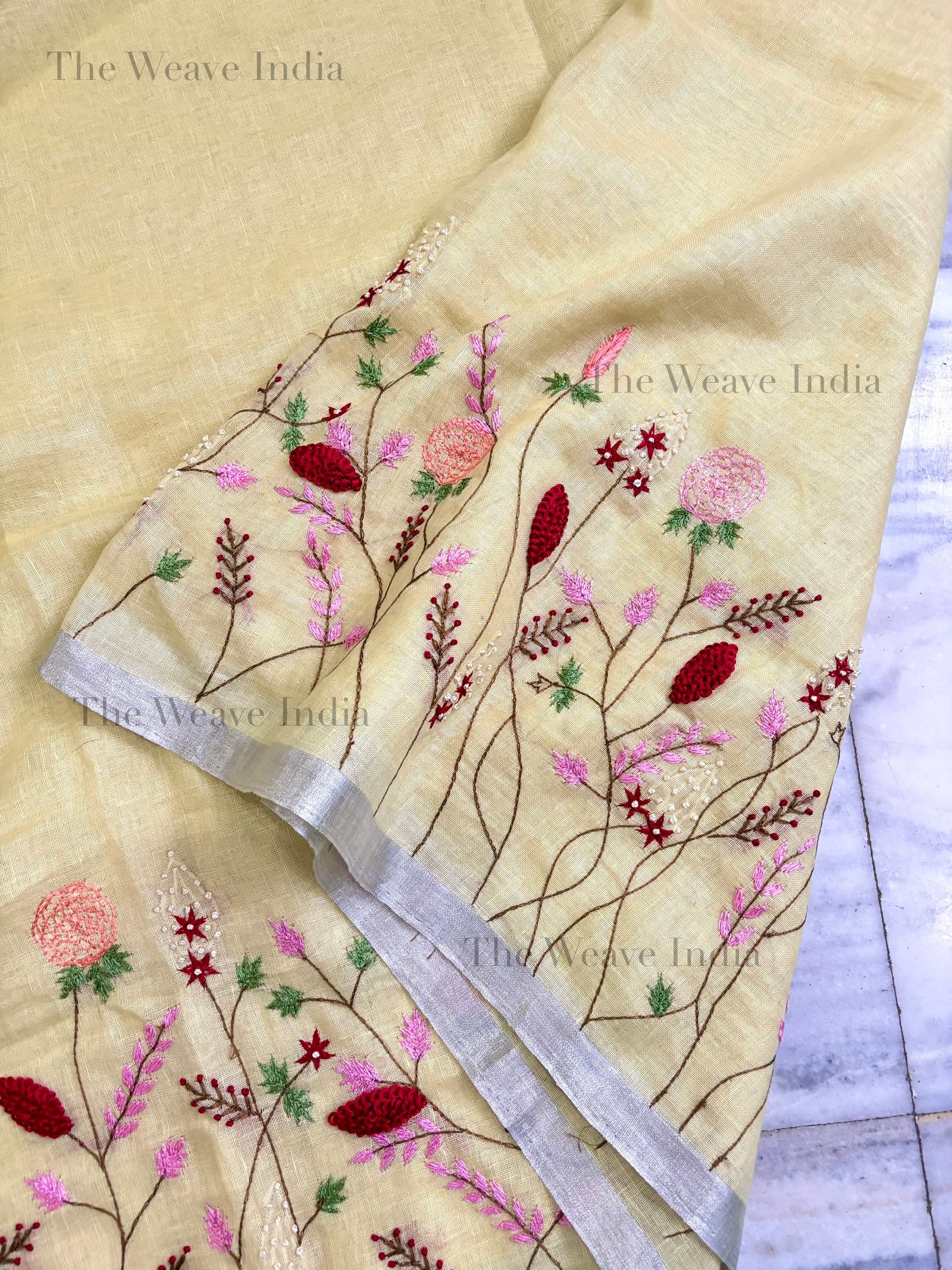 Lemon Mist Linen Knot Saree - Image 2