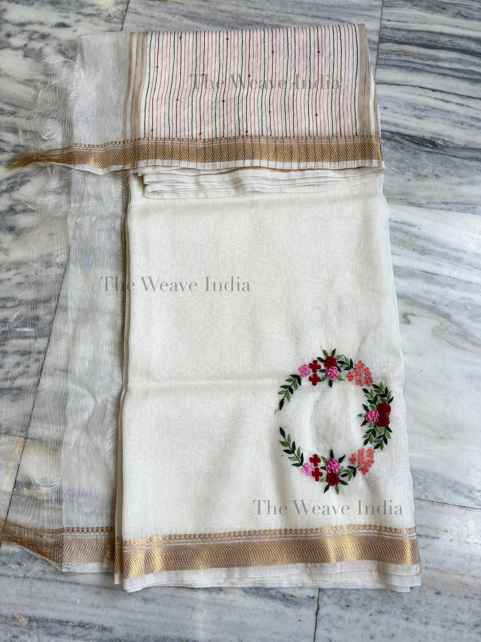 Pearl White Handmade Linen Silk Saree - Image 5