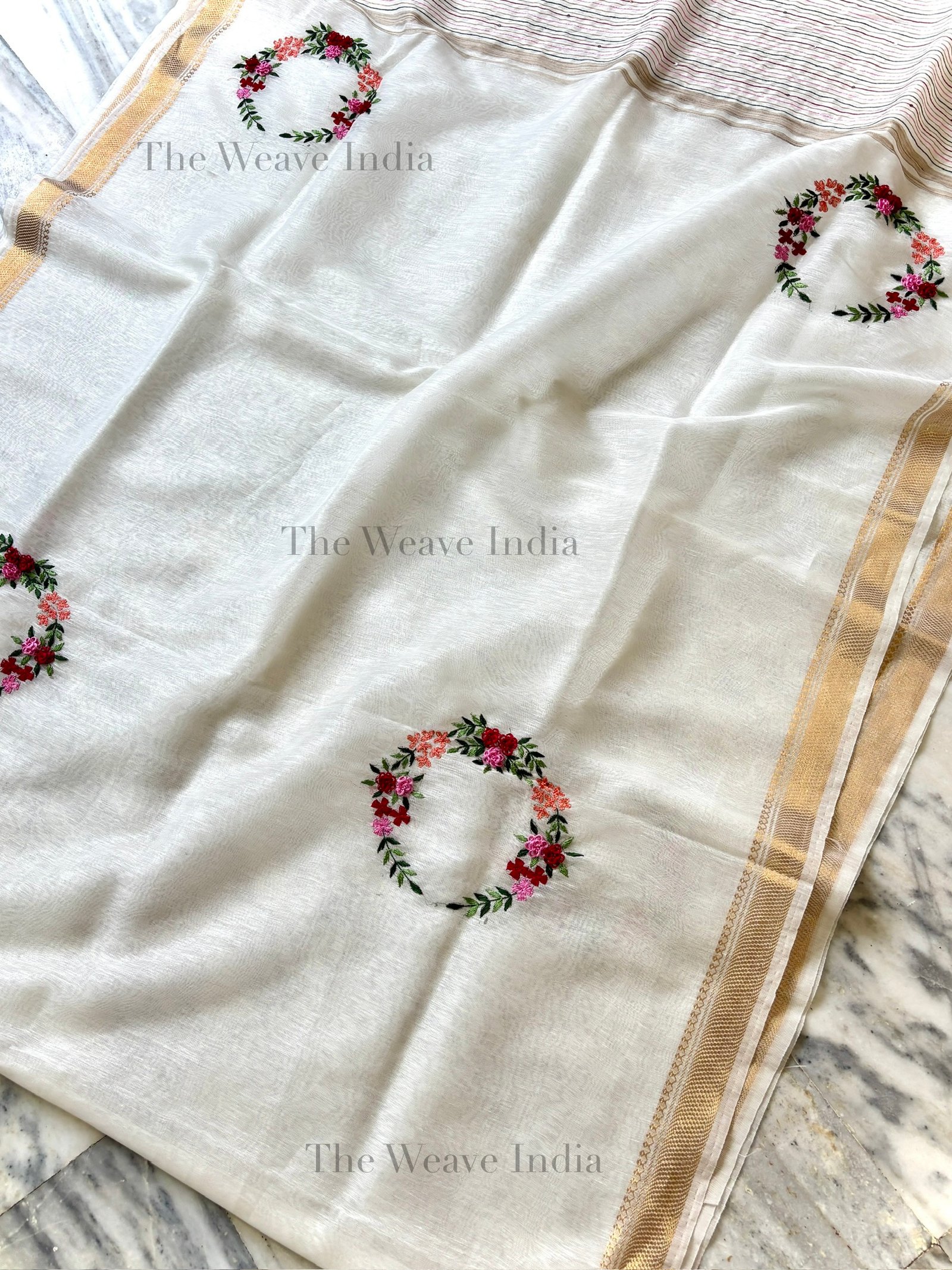 Pearl White Handmade Linen Silk Saree