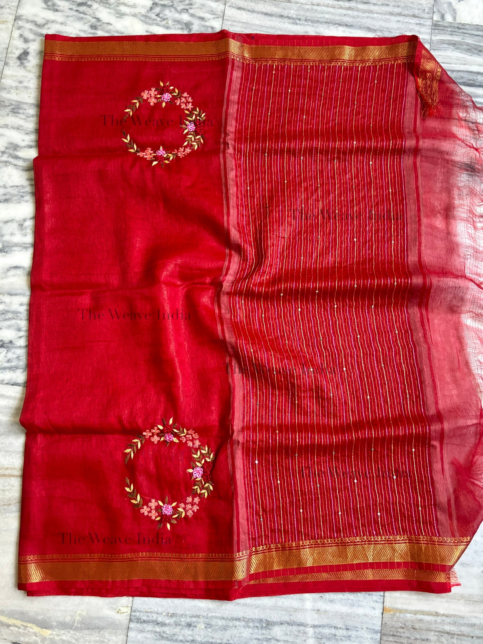 Red Velvet Handmade Linen Saree - Image 4