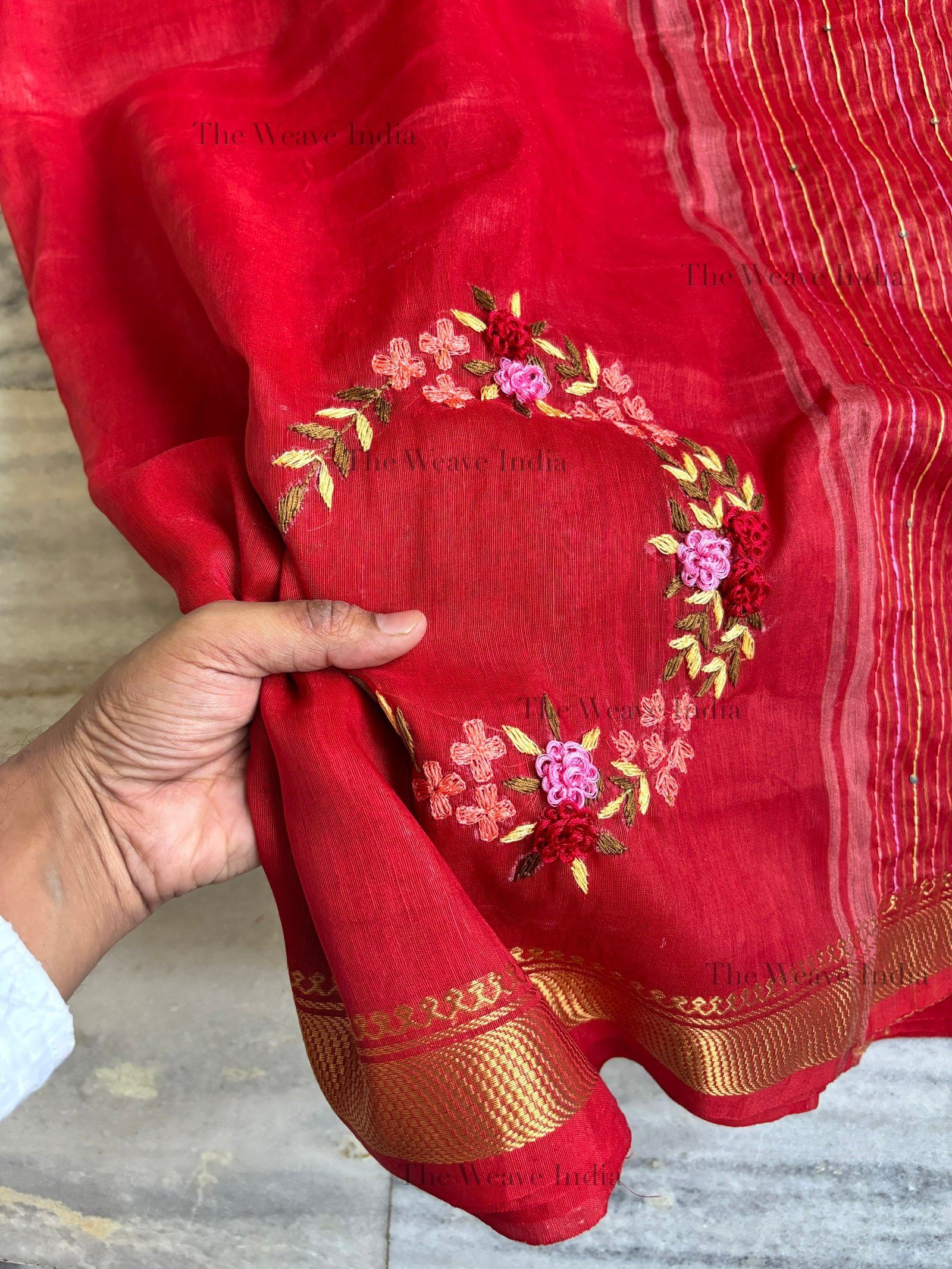 Red Velvet Handmade Linen Saree