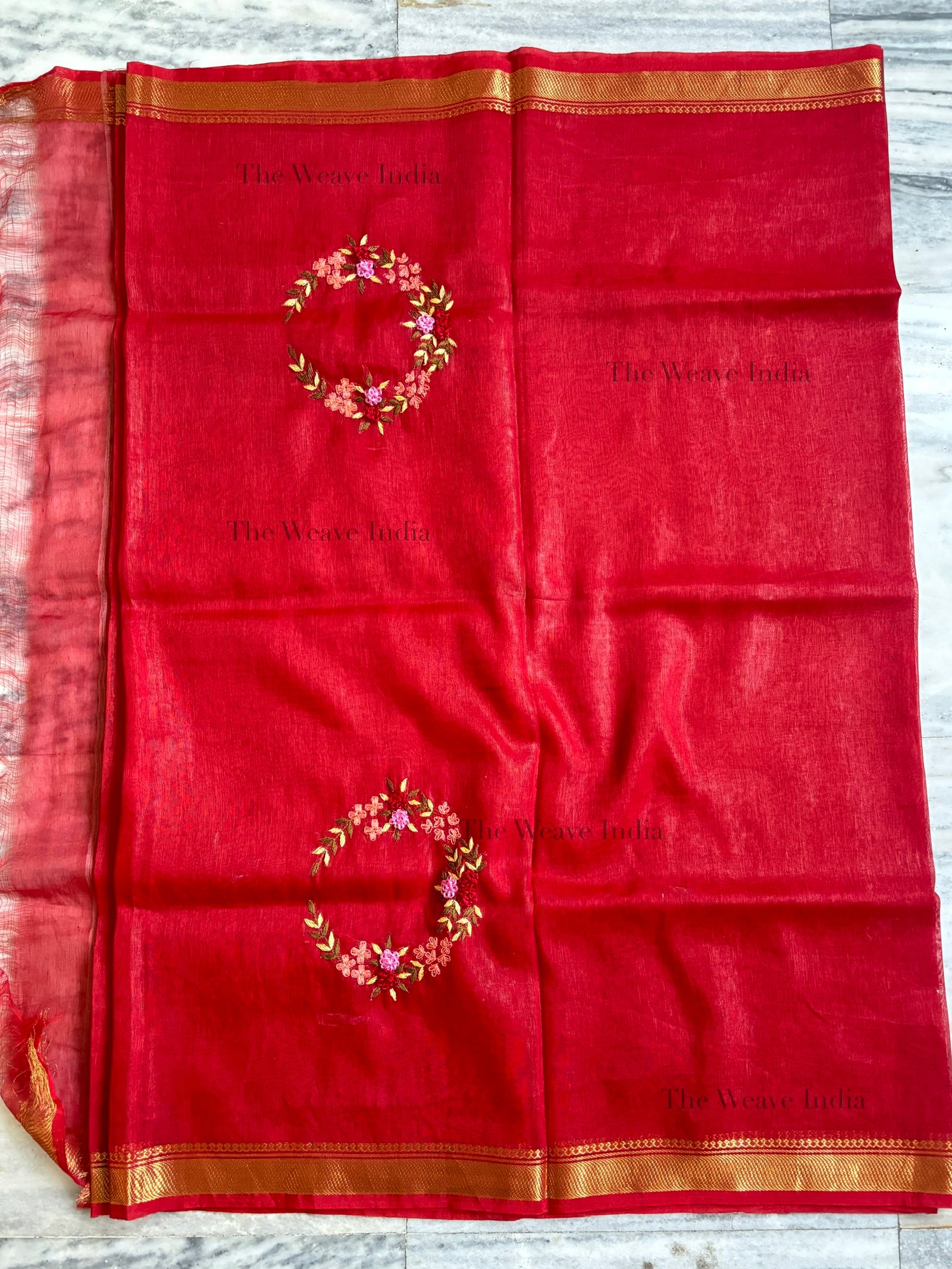 Red Velvet Handmade Linen Saree - Image 3