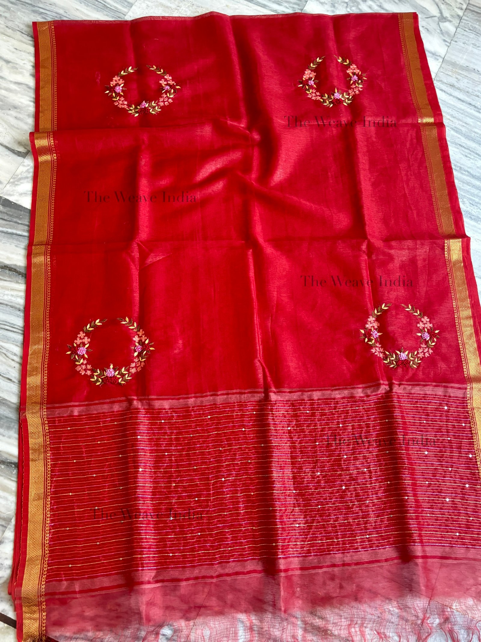 Red Velvet Handmade Linen Saree - Image 2