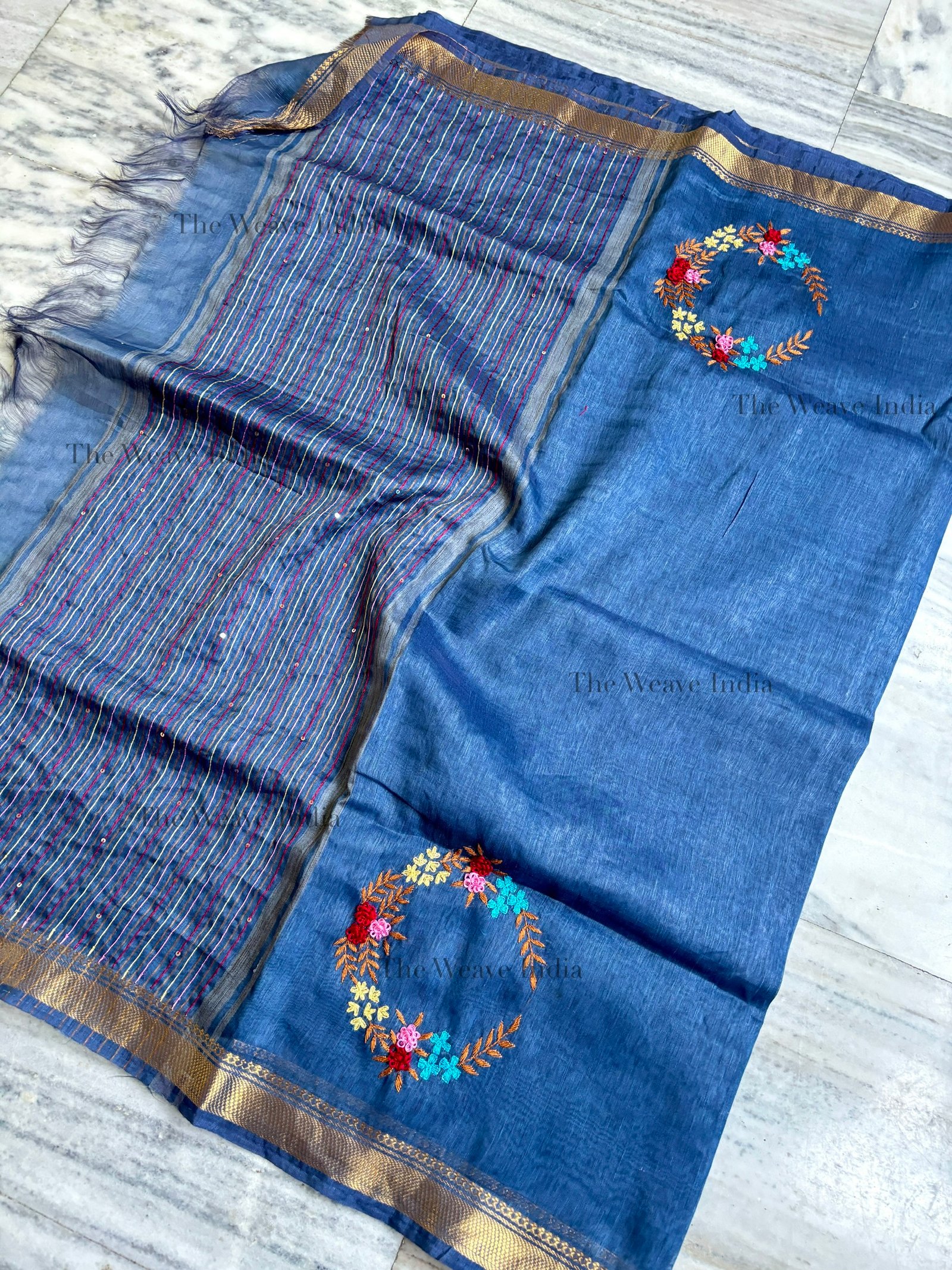 Indigo Aura Handmade Linen Saree - Image 2
