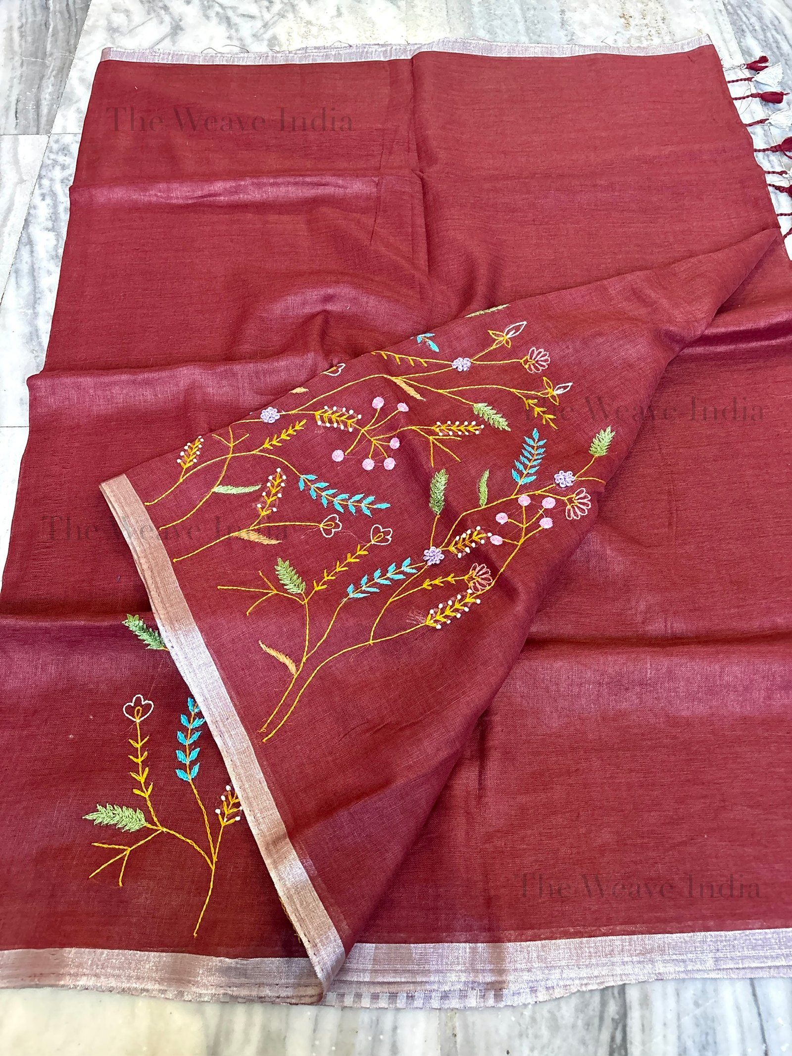 Maroon Knot Linen Saree