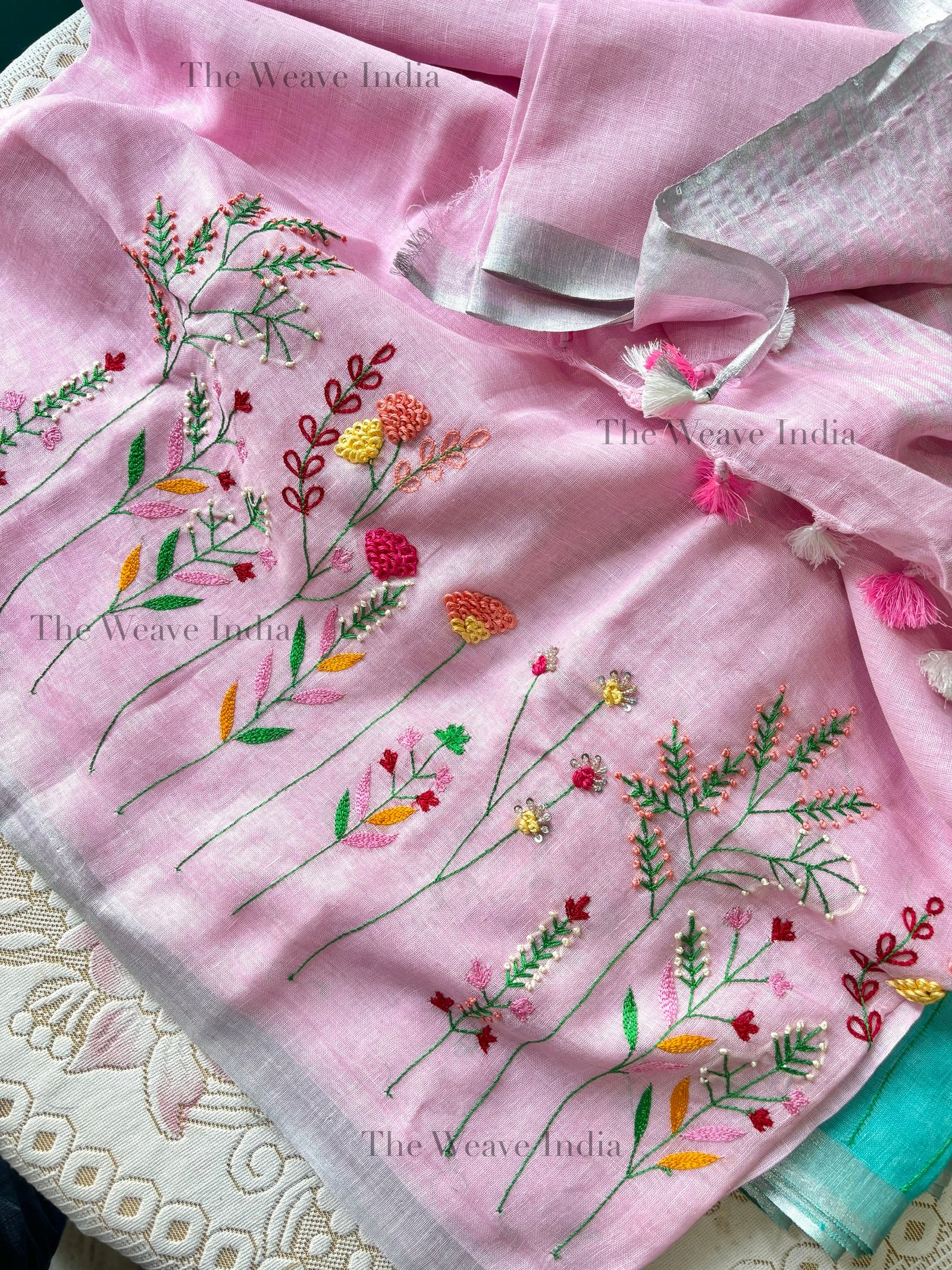 Pink petals handmade linen saree